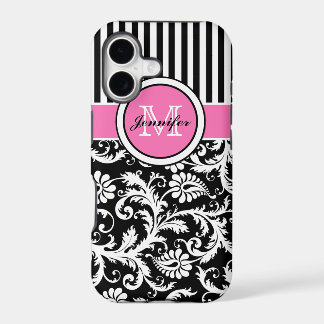 Monogrammed Pink, Black, White Striped Damask