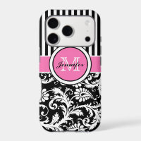 Monogrammed Pink, Black, White Striped Damask