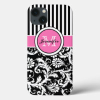 Monogrammed Pink, Black, White Striped Damask Case