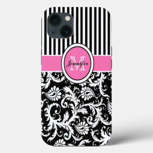 Monogrammed Pink, Black, White Striped Damask Case