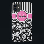 Monogrammed Pink, Black, White Striped Damask iPhone 11 Case<br><div class="desc">Monogrammed modern pink,  black,  and white stripes with damask Case-Mate Vibe™ iPhone 5 Case.</div>