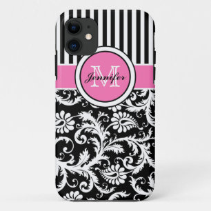 Monogrammed Pink, Black, White Striped Damask iPhone 11 Case