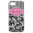 Monogrammed Pink, Black, White Striped Damask