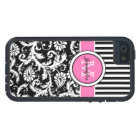 Monogrammed Pink, Black, White Striped Damask