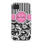 Monogrammed Pink, Black, White Striped Damask
