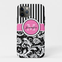 Monogrammed Pink, Black, White Striped Damask