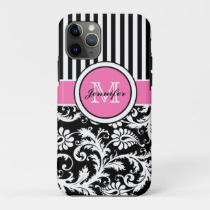 Monogrammed Pink, Black, White Striped Damask Case-Mate iPhone Case
