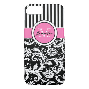 Monogrammed Pink, Black, White Striped Damask Case-Mate iPhone Case