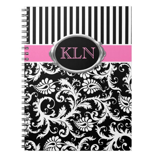 Monogrammed Pink Black White Striped Damask Spiral Notebook (Front)