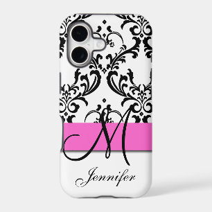 Monogrammed Pink Black White Swirls Damask