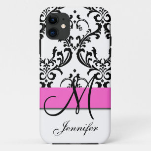 Monogrammed Pink Black White Swirls Damask Case-Mate iPhone Case