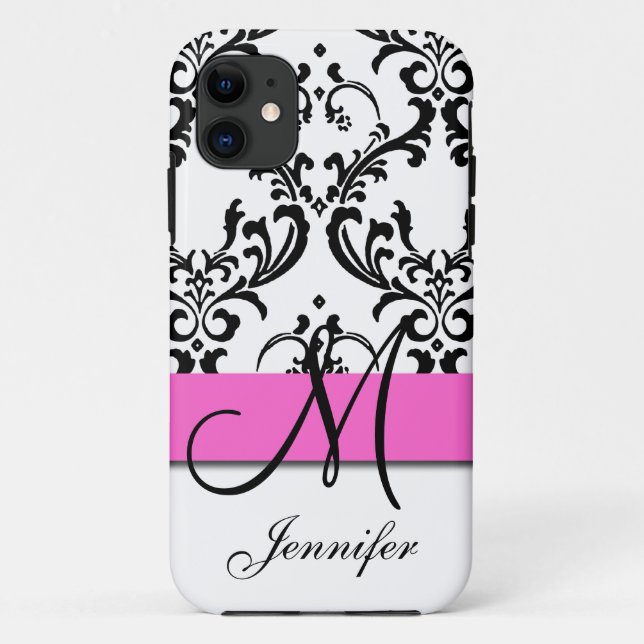 Monogrammed Pink Black White Swirls Damask Case-Mate iPhone Case (Back)