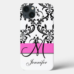 Monogrammed Pink Black White Swirls Damask iPhone 13 Case