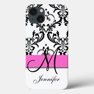 Monogrammed Pink Black White Swirls Damask iPhone 13 Case