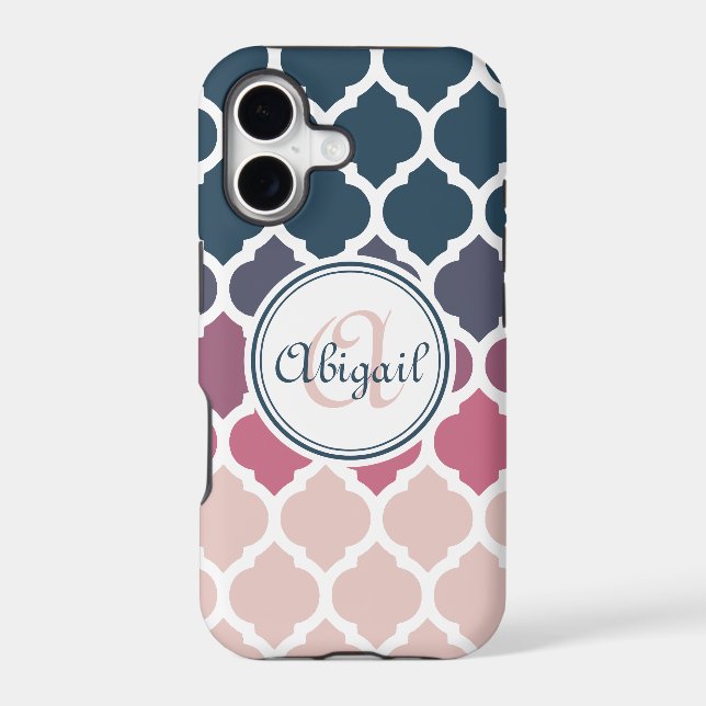 Monogrammed Pink Blue Moroccan Lattice Pattern (Back)