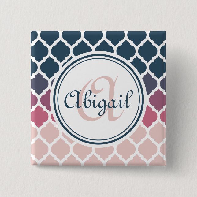 Monogrammed Pink Blue Moroccan Lattice Pattern 15 Cm Square Badge (Front)