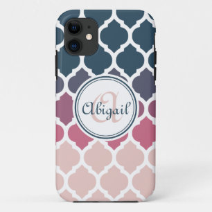 Monogrammed Pink Blue Moroccan Lattice Pattern Case-Mate iPhone Case