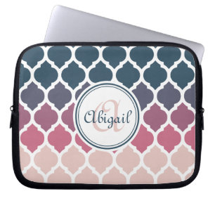 Monogrammed Pink Blue Moroccan Lattice Pattern Laptop Sleeve