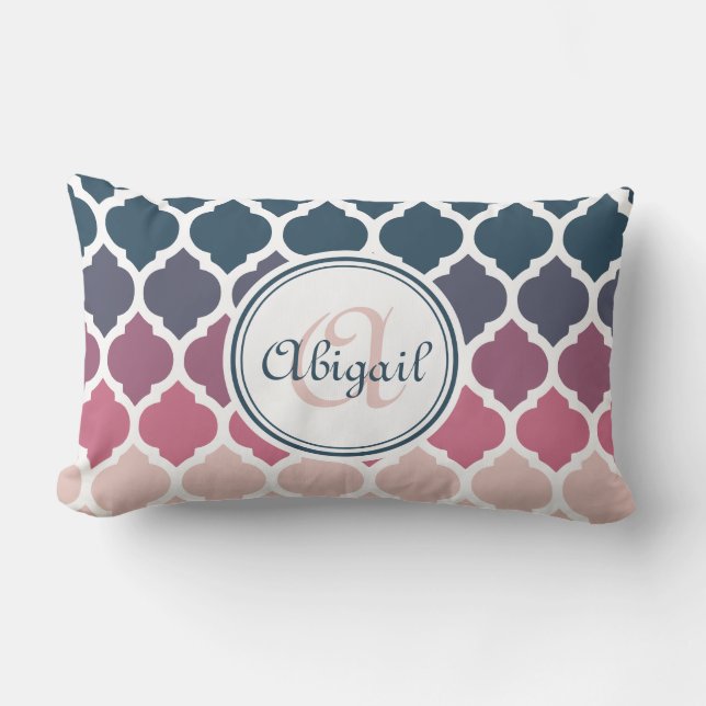 Monogrammed Pink Blue Moroccan Lattice Pattern Lumbar Cushion (Front)