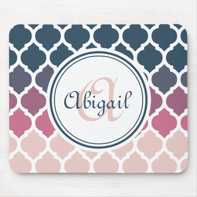 Monogrammed Pink Blue Moroccan Lattice Pattern Mouse Pad (Front)