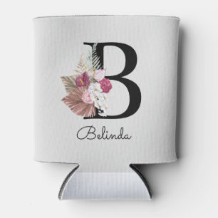 Monogrammed Pink Boho Floral Initial B Can Cooler