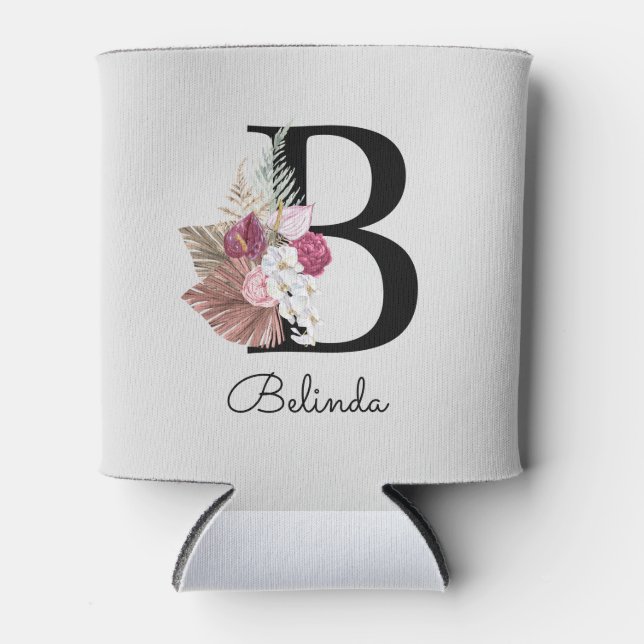 Monogrammed Pink Boho Floral Initial B Can Cooler (Front)