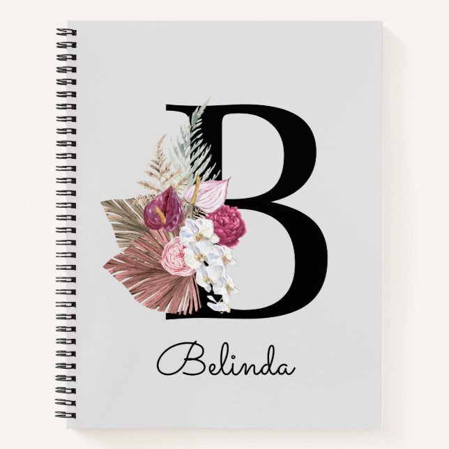 Monogrammed Pink Boho Floral Initial B Notebook (Front)