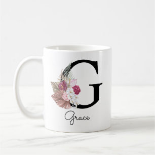 Monogrammed Pink Boho Floral Initial G Coffee Mug
