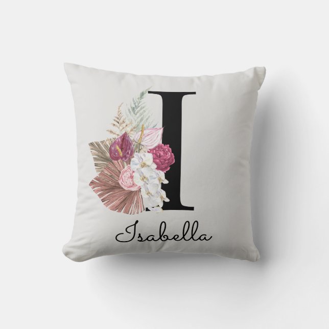 Monogrammed Pink Boho Floral Initial I Cushion (Front)