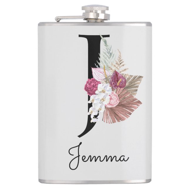 Monogrammed Pink Boho Floral Initial J Hip Flask (Front)