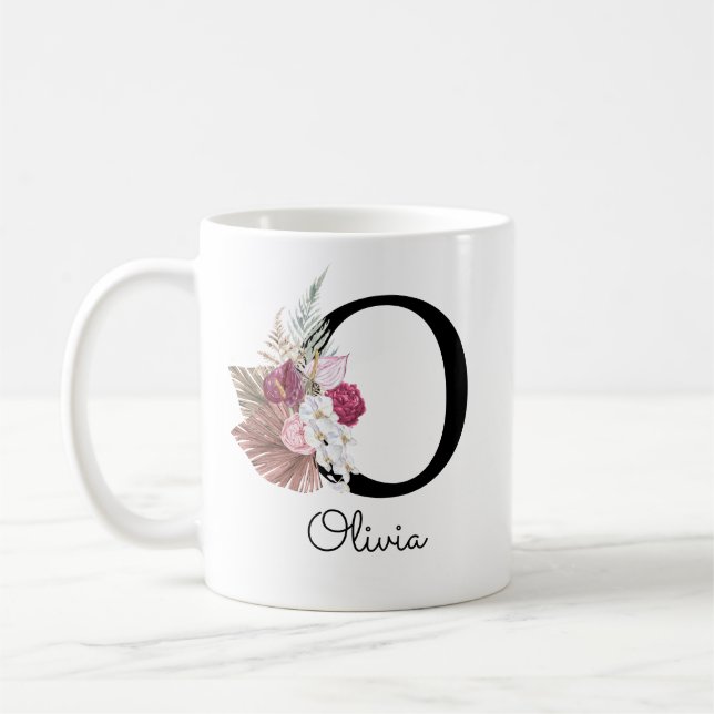 Monogrammed Pink Boho Floral Initial O Coffee Mug (Left)