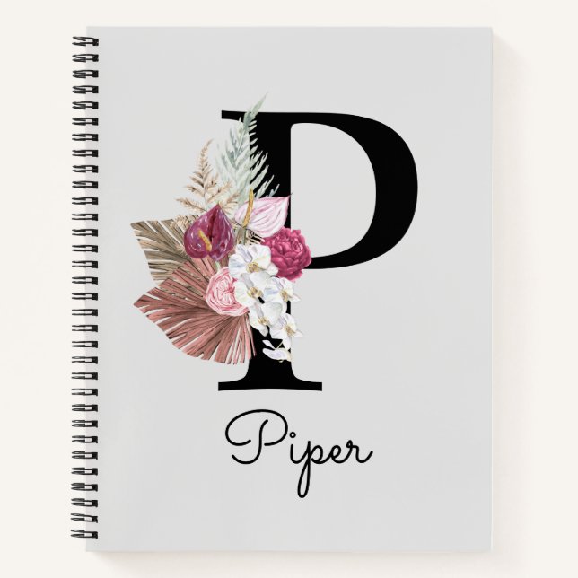 Monogrammed Pink Boho Floral Initial P Notebook (Front)