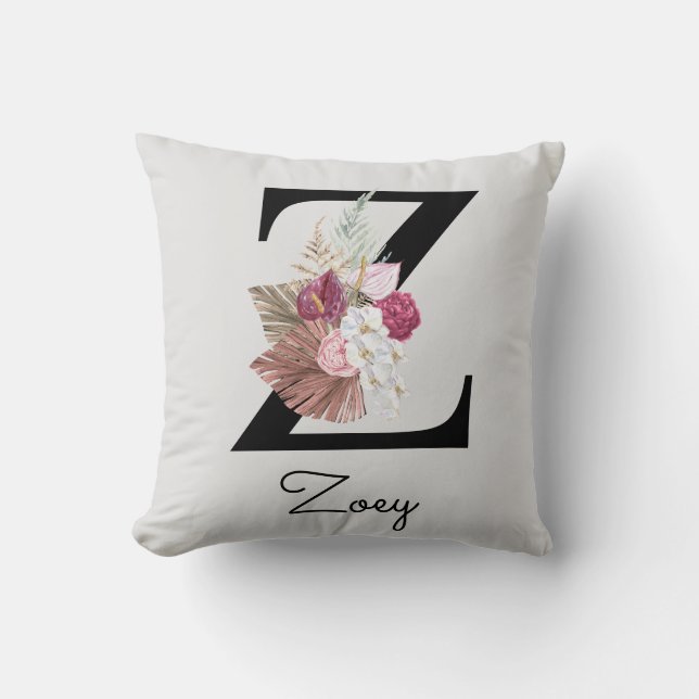 Monogrammed Pink Boho Floral Initial Z Cushion (Front)