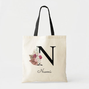 Monogrammed Pink Boho Girly Floral Initial N Tote Bag