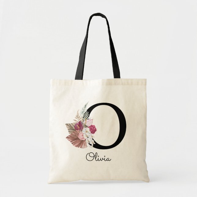 Monogrammed Pink Boho Girly Floral Initial O Tote Bag (Front)