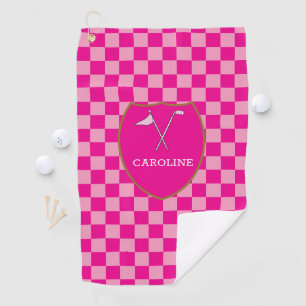 Monogrammed Pink Checks & golf club & flag Golf To Towel