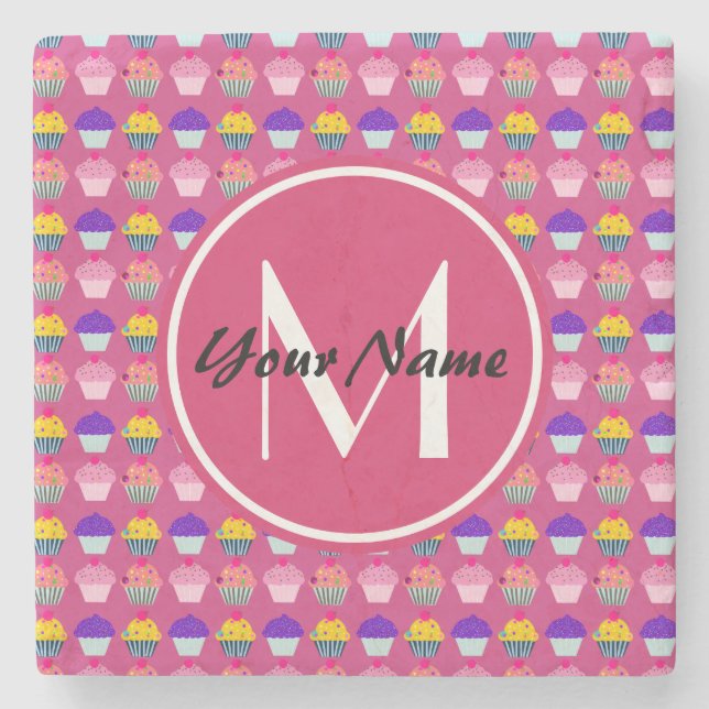 Monogrammed Pink Cupcakes, Personalised Name Stone Coaster (Front)