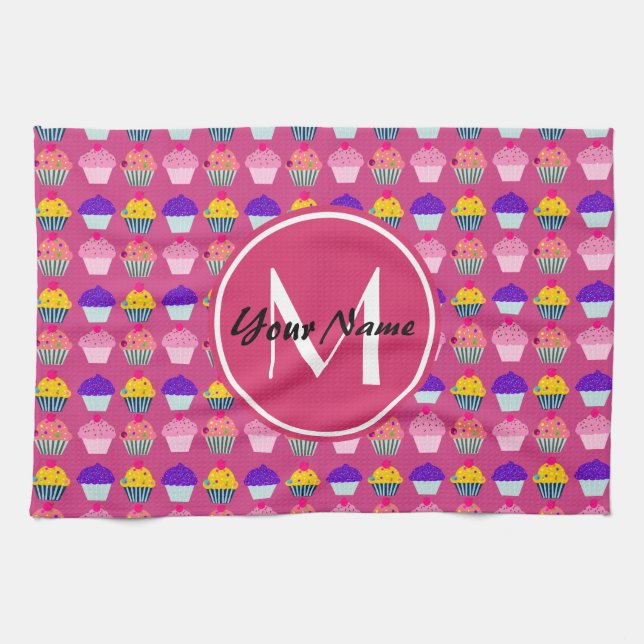 Monogrammed Pink Cupcakes, Personalised Name Tea Towel (Horizontal)
