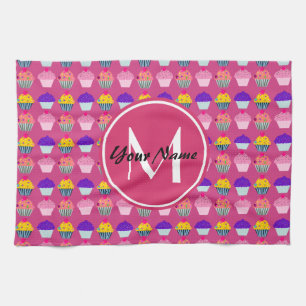 Monogrammed Pink Cupcakes, Personalized Name Tea Towel