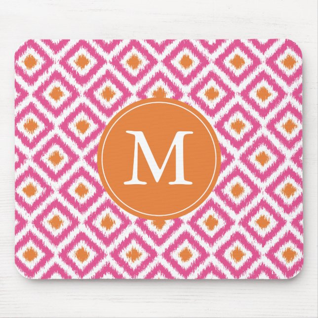 Monogrammed Pink Diamonds Ikat Pattern Mouse Pad (Front)