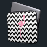 Monogrammed Pink Flamingo   Black Chevron Laptop Sleeve<br><div class="desc">A gift featuring an illustration of a pink flamingo.  Personalise with your monogram inside circle on flamingo's body.  Background is black and white chevron.</div>