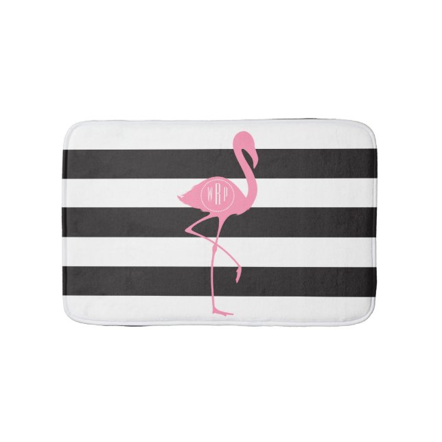 Monogrammed Pink Flamingo + Black + White Stripes Bath Mat (Front)