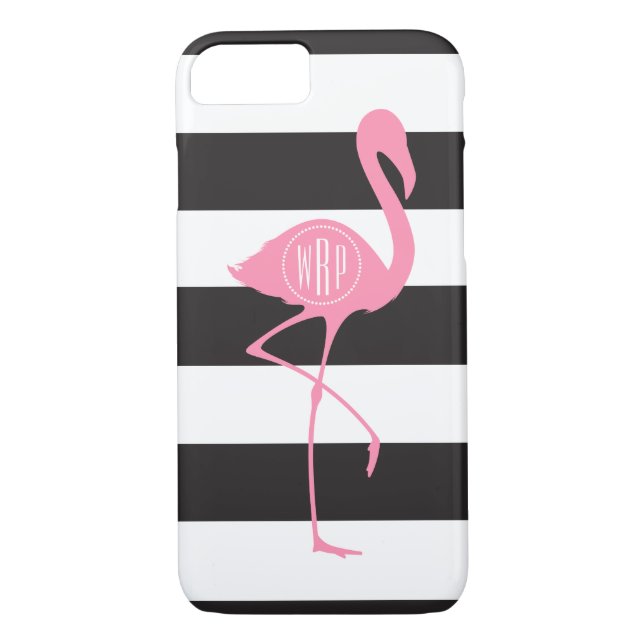 Monogrammed Pink Flamingo + Black + White Stripes Case-Mate iPhone Case (Back)