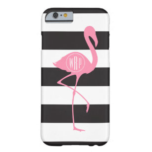 Monogrammed Pink Flamingo + Black + White Stripes Barely There iPhone 6 Case