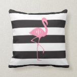 Monogrammed Pink Flamingo   Black   White Stripes Cushion<br><div class="desc">A gift featuring an illustration of a pink flamingo silhouette.  Personalise with your monogram inside circle on flamingo's body.  Background is black and white stripes.</div>