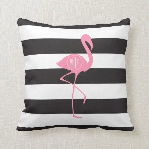 Monogrammed Pink Flamingo + Black + White Stripes Cushion