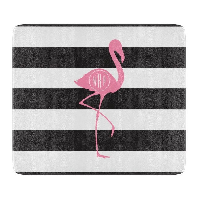 Monogrammed Pink Flamingo + Black + White Stripes Cutting Board (Front)