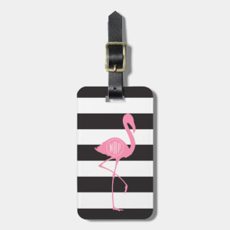 Monogrammed Pink Flamingo + Black + White Stripes Luggage Tag