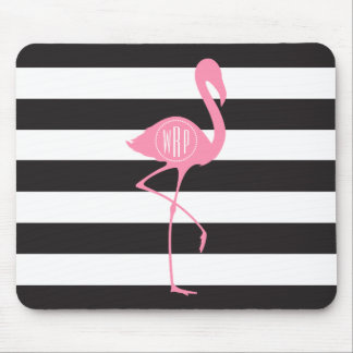 Monogrammed Pink Flamingo + Black + White Stripes Mouse Pad