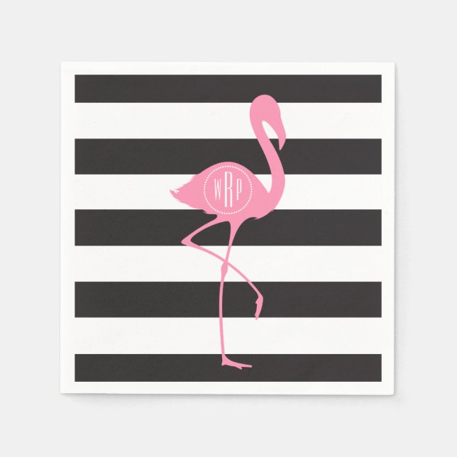 Monogrammed Pink Flamingo + Black + White Stripes Napkin (Front)